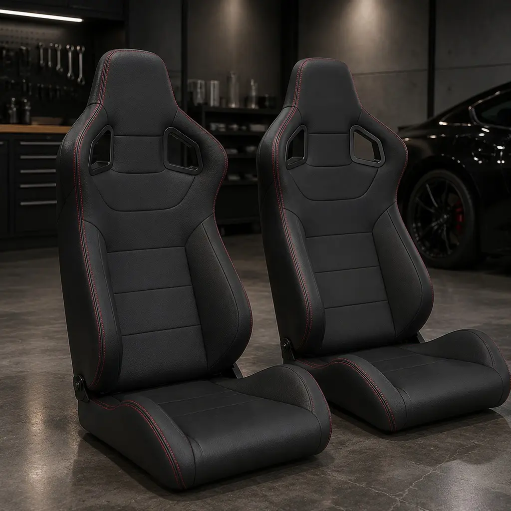 2-Pack Universal Reclinable Bucket Racing Seats, PVC Leather, Carbon Look Back, Dual Lock Sliders, 90-180 Degree Adjustable, Black with Red Stitching, for Car Truck SUV Interior Upgrade