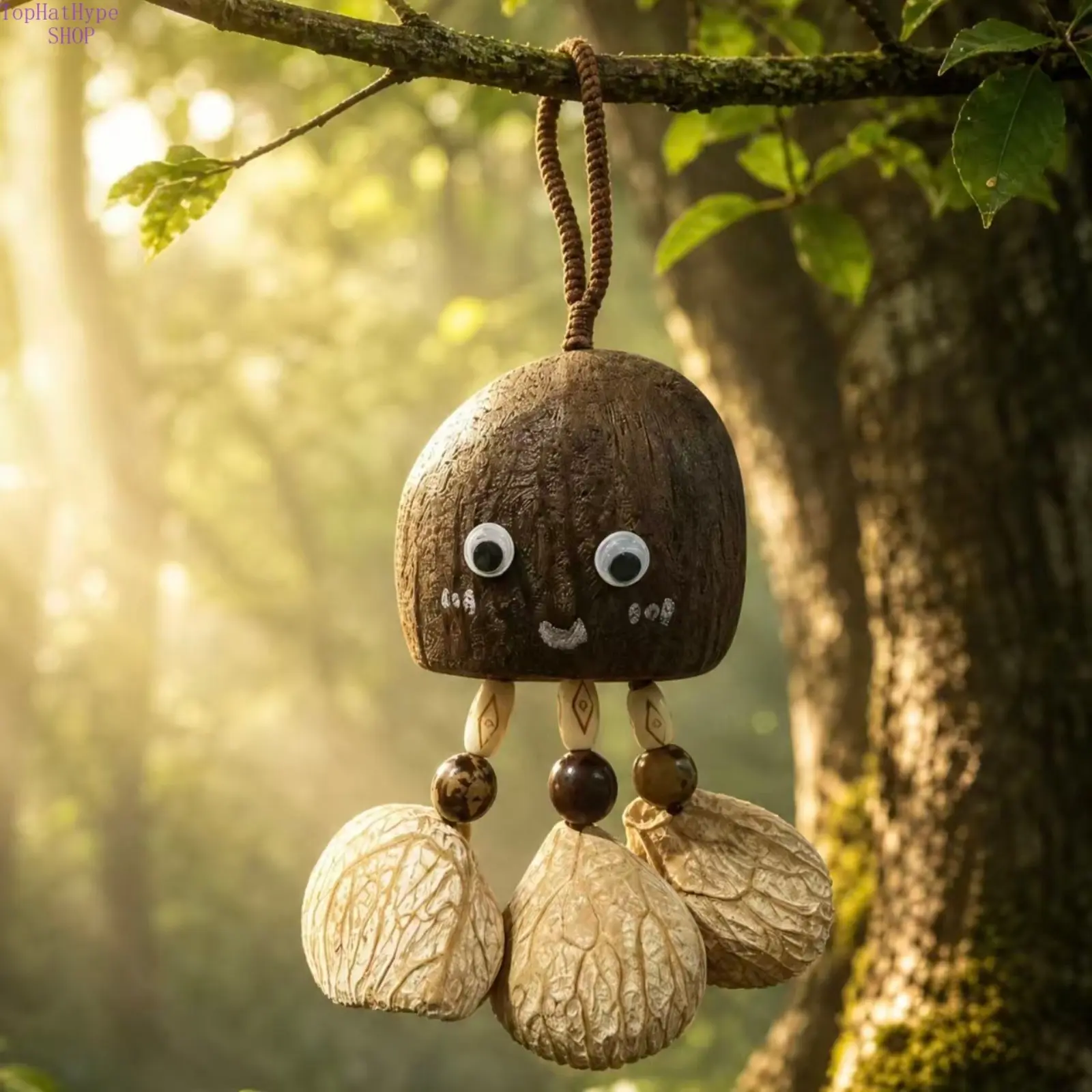Unisex Funny Face Natural Nut Shell Wind Chime Pendant, Handmade Hanging Ornament with Crisp Calming Tone, Whimsical Sound Therapy Decor for Room & House Use, Room Decor, Home, House Decor