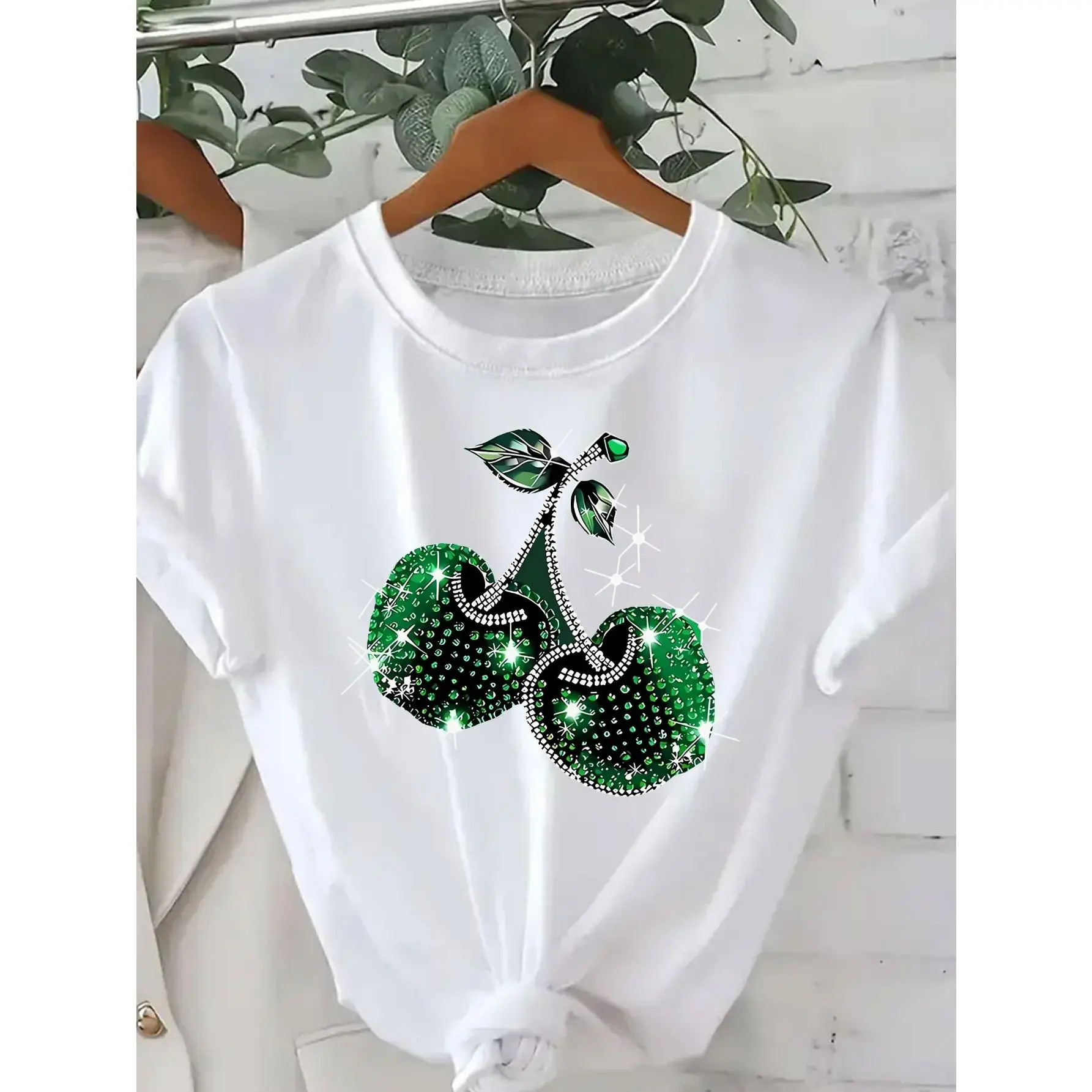Plus Size, 1pc Women's T-Shirt Green Cherry Design Pattern Printed T-Shirt, Round Neck Short Sleeve Women's T-Shirt, Breathable Casual S Top, Holiday Gift manga meaningful anniversary