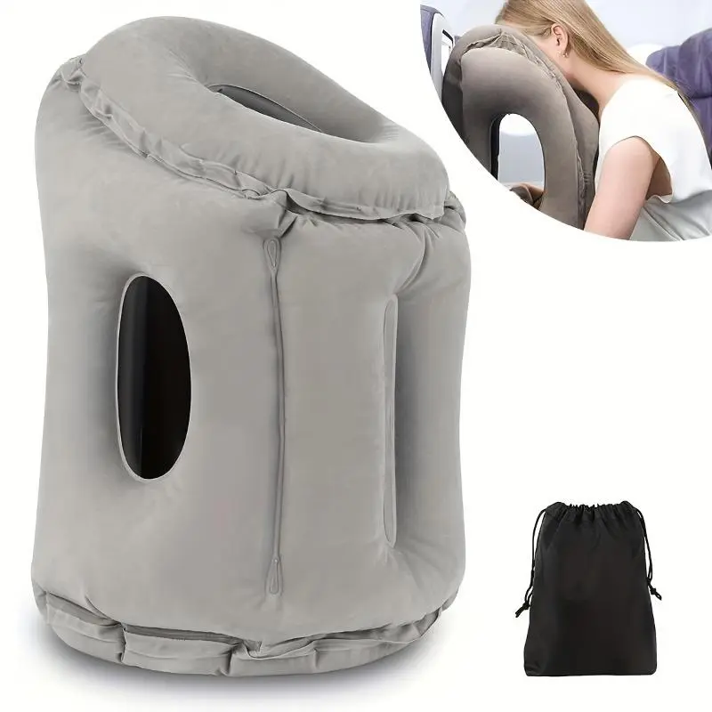 Gray Inflatable Travel Neck Cushion with Neck Support - Inflate & Go, Breathable Microfibre, Supportive Memory Foam, 60-Arm Jack Design, Luggage & Bag Accessory for Office, Airplane