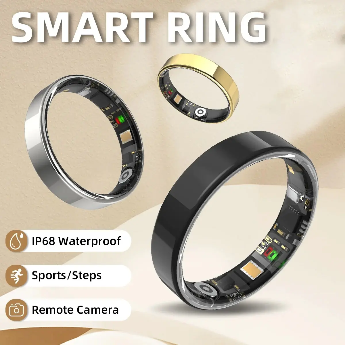 Smartring Smart Ring Wearable Health Tracker Smart Wearable Devices for Fitness Tracking, Gesture Control Heart Rate Monitor, Sleep Quality Analysis, Blood Oxygen Level Measurement, Gold, Silver, Black