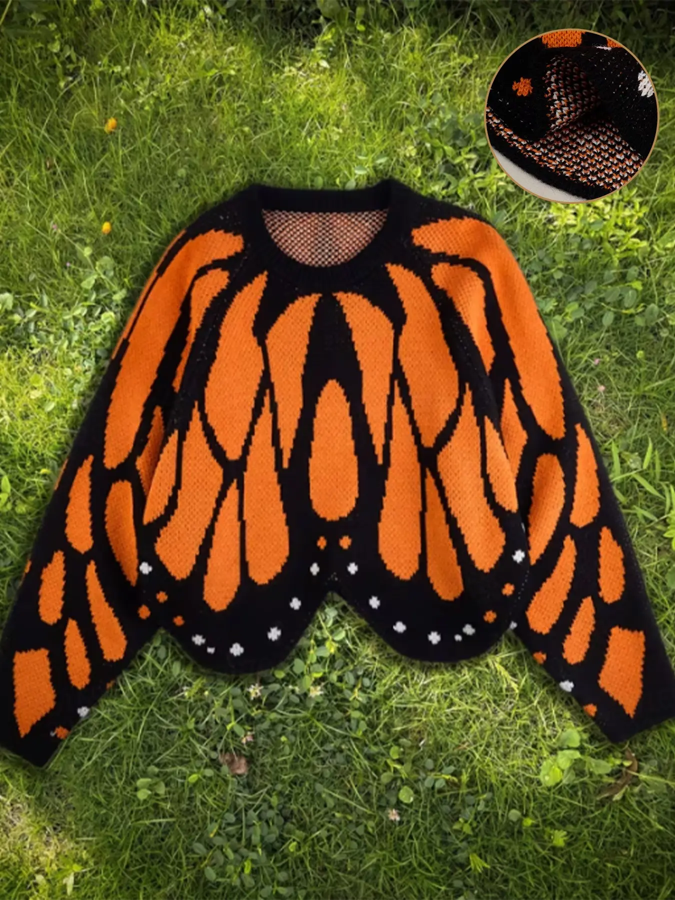 Plus Size Crew Neck Butterfly Wing Jacquard Cropped Sweater, Orange Black Color Block Wavy Hem Oversized Knit Pullover, Unique Retro Curvy Friendly Loose Top, Perfect for Streetwear, Campus Outfits, Girls Hangout, Cafe Photos, Fall Layering