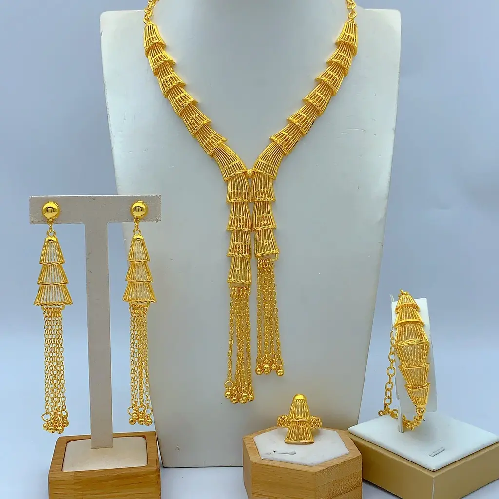 Women's Vintage Hand-Woven Mesh Filigree Pagoda Gold Alloy 4-Piece Jewelry Set - Tiered Fringe Tassel Necklace, Earring, Bracelet, Ring Kit for Party Wear, Wedding Gifts, Female Set, Four Pieces