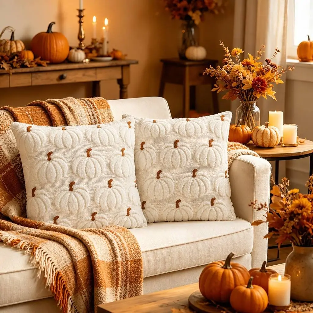 2-Pack Thanksgiving Plush Pillow Covers with 3D Embroidered Pumpkin, Modern Fall Decor for Living Room and Bedroom, Zipper Closure, Cushion Cover