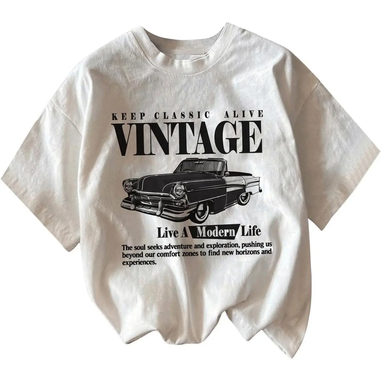 Women's Graphic Letter Tee - Crew Neck, Drop Shoulder, Short Sleeve, Vintage Car Print Casual Streetwear Clothing - Black Fit Women's Fashion Graphic Shirts,back to school,back to school shopping, Cotton