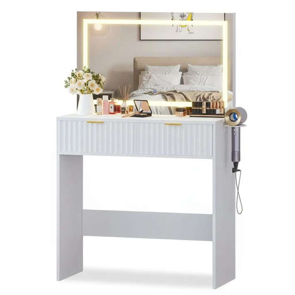 Modern Fluted Wooden Vanity Desk – Natural Oak – Large LED Lighted Mirror with 3-Color Lighting – 2 Drawers, Power Outlet & Hair Dryer Rack – Makeup Dressing Table for Bedroom