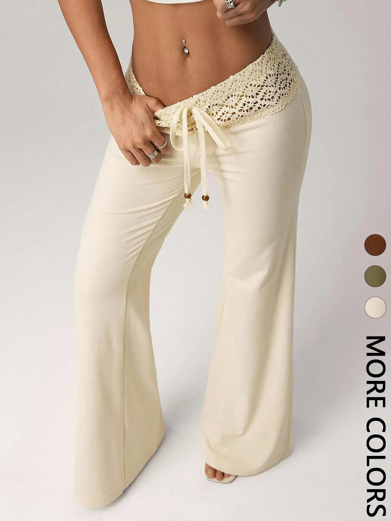 Women's Knit Beaded Drawstring Adjustable Loose Casual Vacation Pants, Comfortable High Waist Trousers for Spring & Fall Seasons