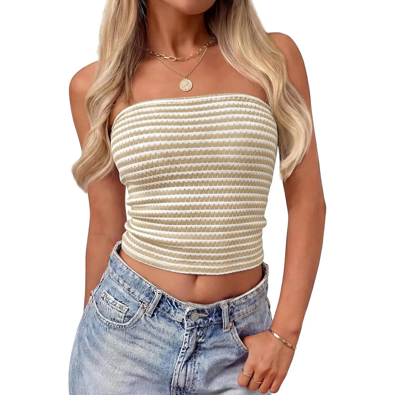 Women's Casual Sleeveless Stretchy Crochet Striped Strapless Crop Tube Top - 2026 Summer Backless Knit Bandeau, Cute Going Out Outfit, Sexy