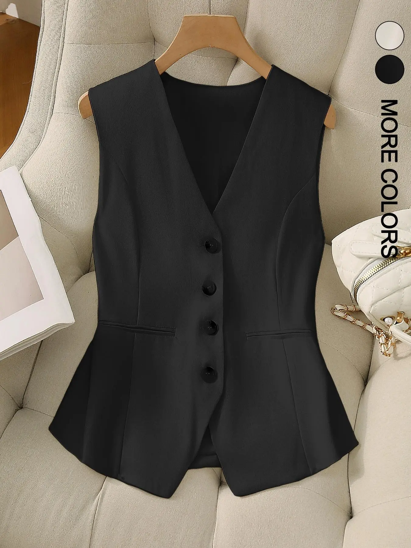 Women's Solid Woven Button Front V Neck Vest Blazer, Casual Sleeveless Vest Jacket for Spring & Fall, Ladies Clothes for Daily Wear, Aesthetic
