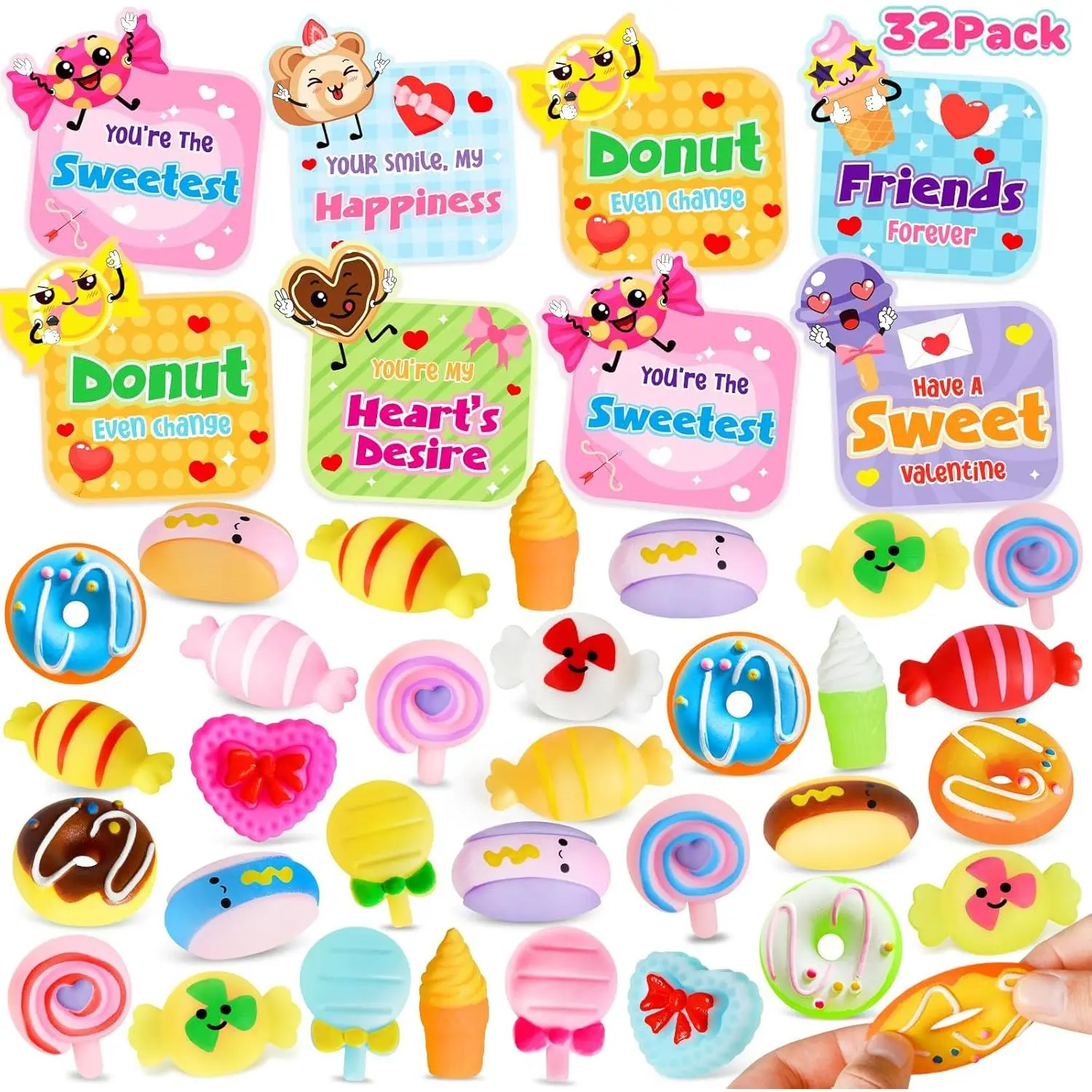 32 Packs Valentines Day Gifts for Kids with Candy Mochi Dessert Squishy Toys, Valentines Cards for Kids Classroom with Cute Squeeze Fidget Toys, Valentines Party Favors, Class Exchange & School Prize