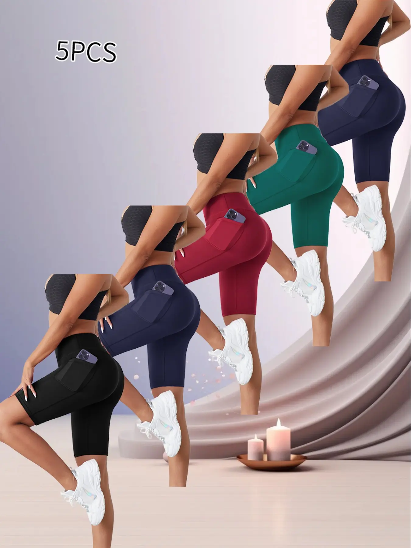 5-Pack Summer New Fitness Pants, High-Waisted Tight Yoga Shorts, Athleisure Gym Shorts, Athletic Wear Shorts, Sporty Style, Breathable and Comfortable, Ideal for Spring and Summer
