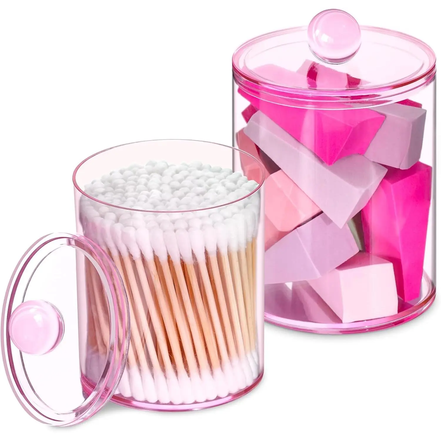 2-Pack Round Decorative Qtip Dispenser Apothecary Jar Set - 10oz-12oz Plastic Bathroom Canisters with Lids for Cotton Swabs, Balls, Pads - Home Organizer for Vanity, Ideal Kitchen Storage & Gift (Pink), Transparent