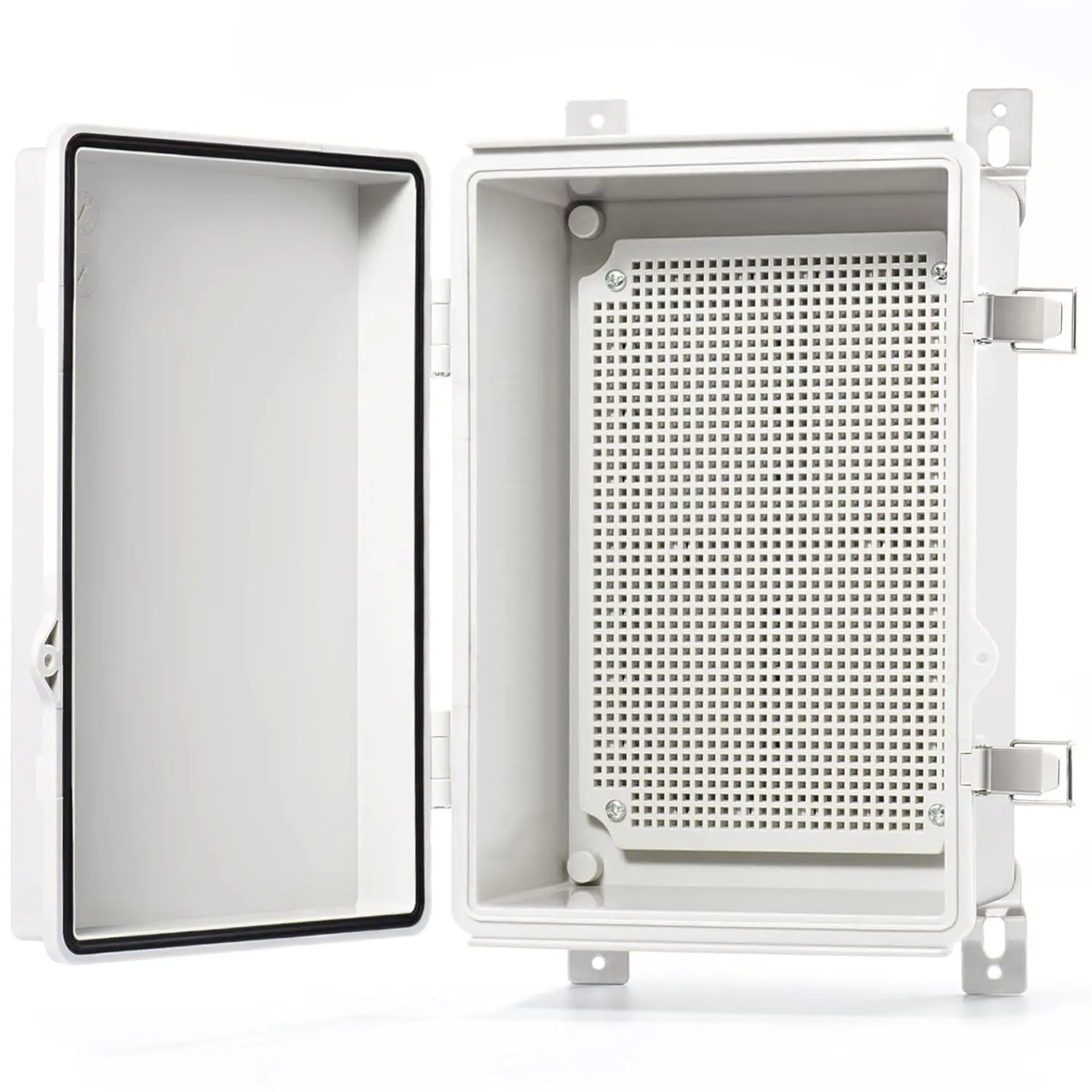 IP67 Waterproof Junction Box - Plastic Electrical Enclosure Outdoor Weatherproof Project Box with Mounting Plate, Wall Brackets, Hinged Grey Cover 11.2x7.7x5.1 inches