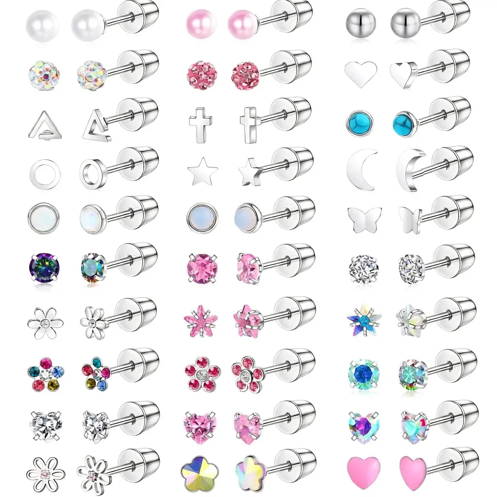 30-Pair Stud Earrings Set for Women, Tiny Hypoallergenic Stainless Steel & Artificial Pearl Jewelry with Screw Backs, 20G Cartilage Piercings, Anniversary Gift Collectibles