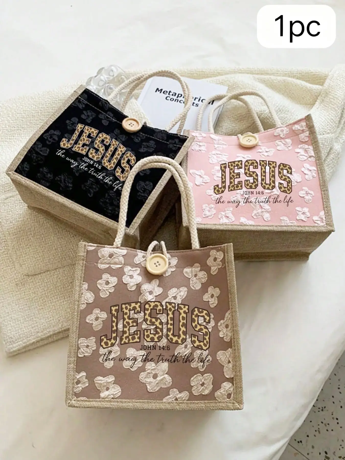 Christian Style Floral Hemp Mini Tote Bag, Leopard Jesus Letter Handbag, John 14:6 Faith Quote Shopping Bag, Button Closure Small Canvas Bag