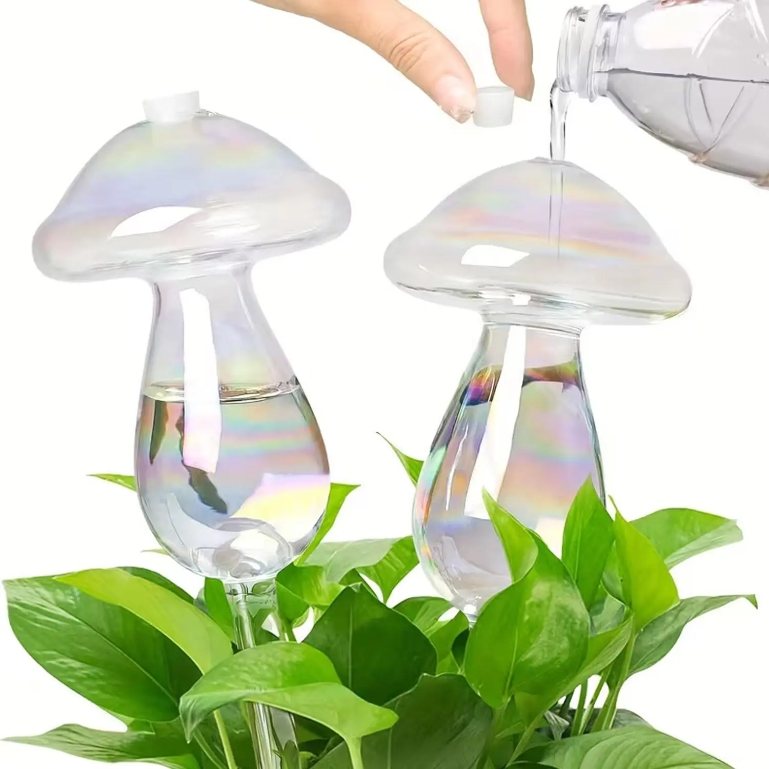 New 2 sets of mushroom-shaped glass self-watering balls, Plant Watering Globes, with transparent water level design, suitable for indoor and outdoor potted plants for Halloween and Christmas | Holiday plant watering device | Glass plant holders