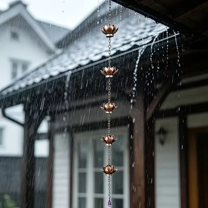 Garden Decorative Rain Chain Lotus Flower Rain Chain, Water Diverting Eave Decoration, Floral Rain Chain String, Outdoor Ornament