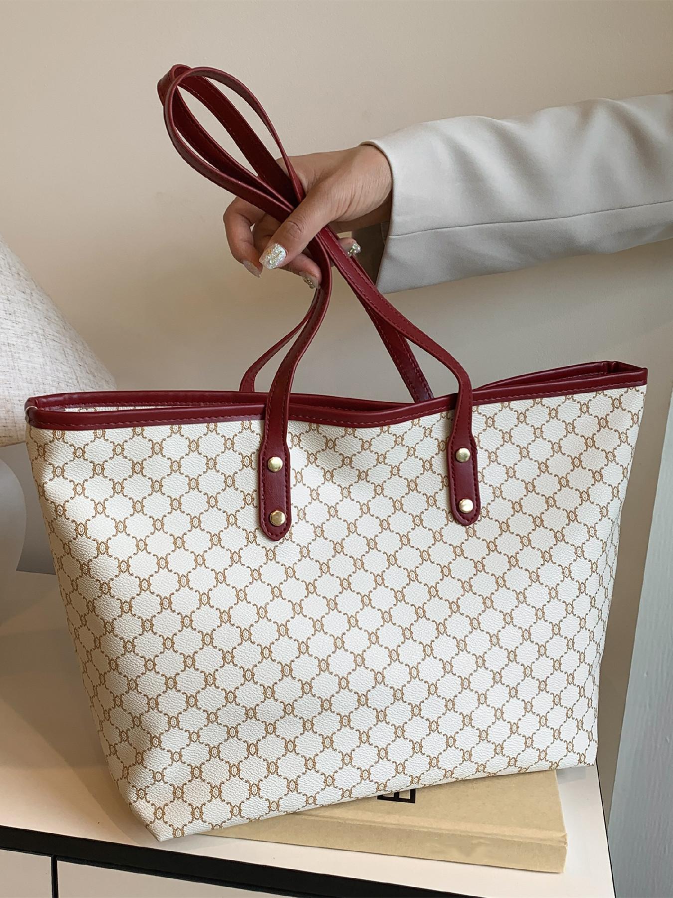 Women's Elegant Geometric Pattern Stylish Tote Bag, Fashionable Large Capacity Shoulder Bag for Women, Casual Trendy Versatile High-quality Daily Commuting Bag