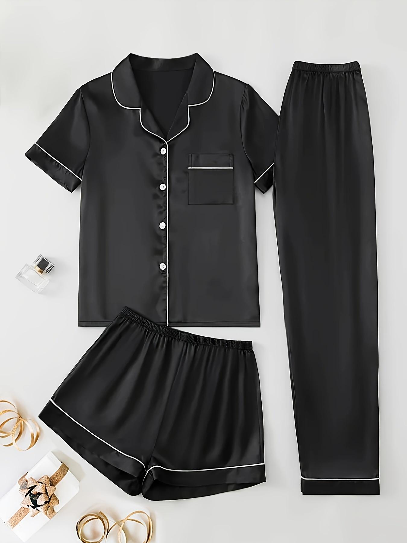 Women's Satin Pajama Set, 3-Piece Casual Solid Color Pajamas, Short Sleeve Lapel Shirt, Elastic Long Pants and Shorts, 95% Polyester and 5% Spandex, Woven Lapel, Button, 90g/m² - Sizes S-XL Loungewear Nightwear Womenswear Style Homewear Elegant Women's Satin Pajama Set, 3-Piece Casual Solid Color Pajamas, Short Sleeve Lapel Shirt, Elastic Long Pants and Shorts, 95% Polyester and 5% Spandex, Woven Lapel, Button, 90g/m² - Sizes S-XL Loungewear Nightwear Womenswear Style Homewear Elegant