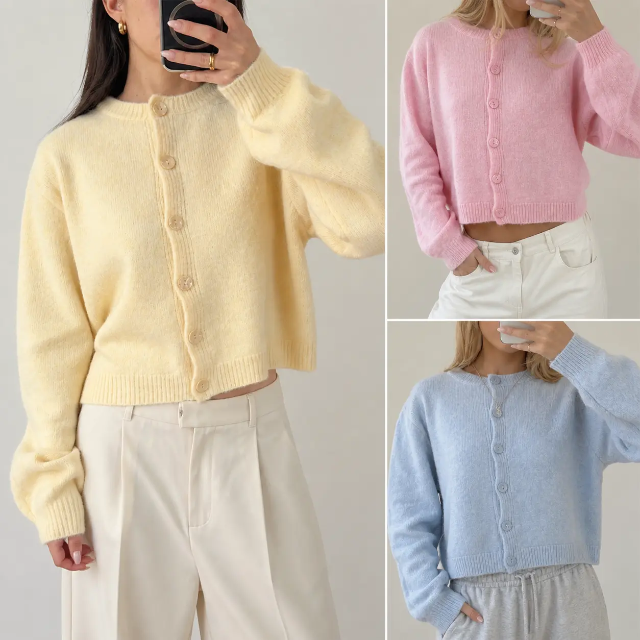 Women's Cute Retro Cropped Cardigan - Button-Front, Crew Neck, Long Sleeve Knit Top for Fall Winter Casual Daily Wear, Soft Cozy