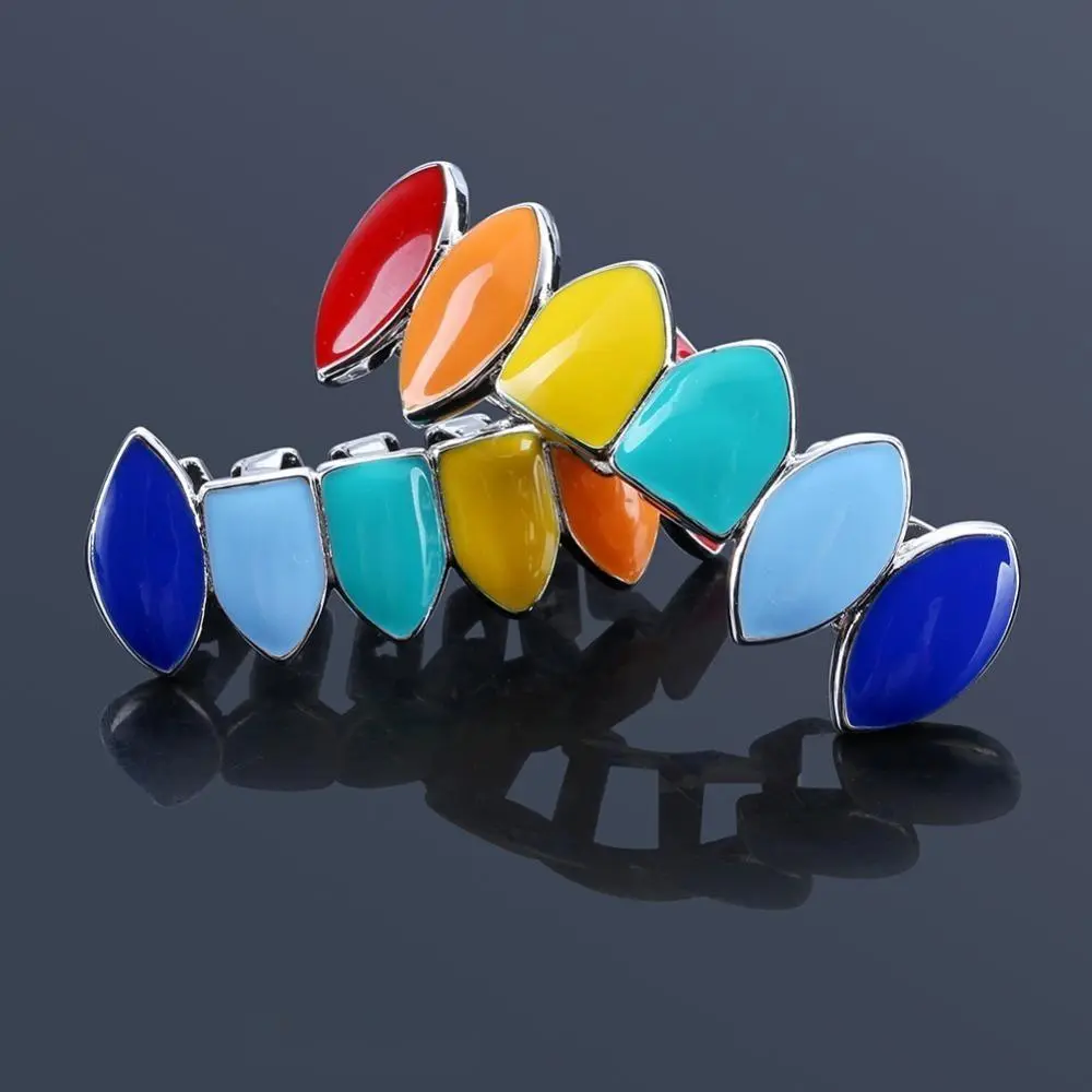 Gold Plated Grillz Set, Hip Hop Brass Teeth Accessory with Bold Colors, Custom Fit Vibrant Rainbow Enamel for Parties & Pride Show, Oral, Dental Accessory, Festivals