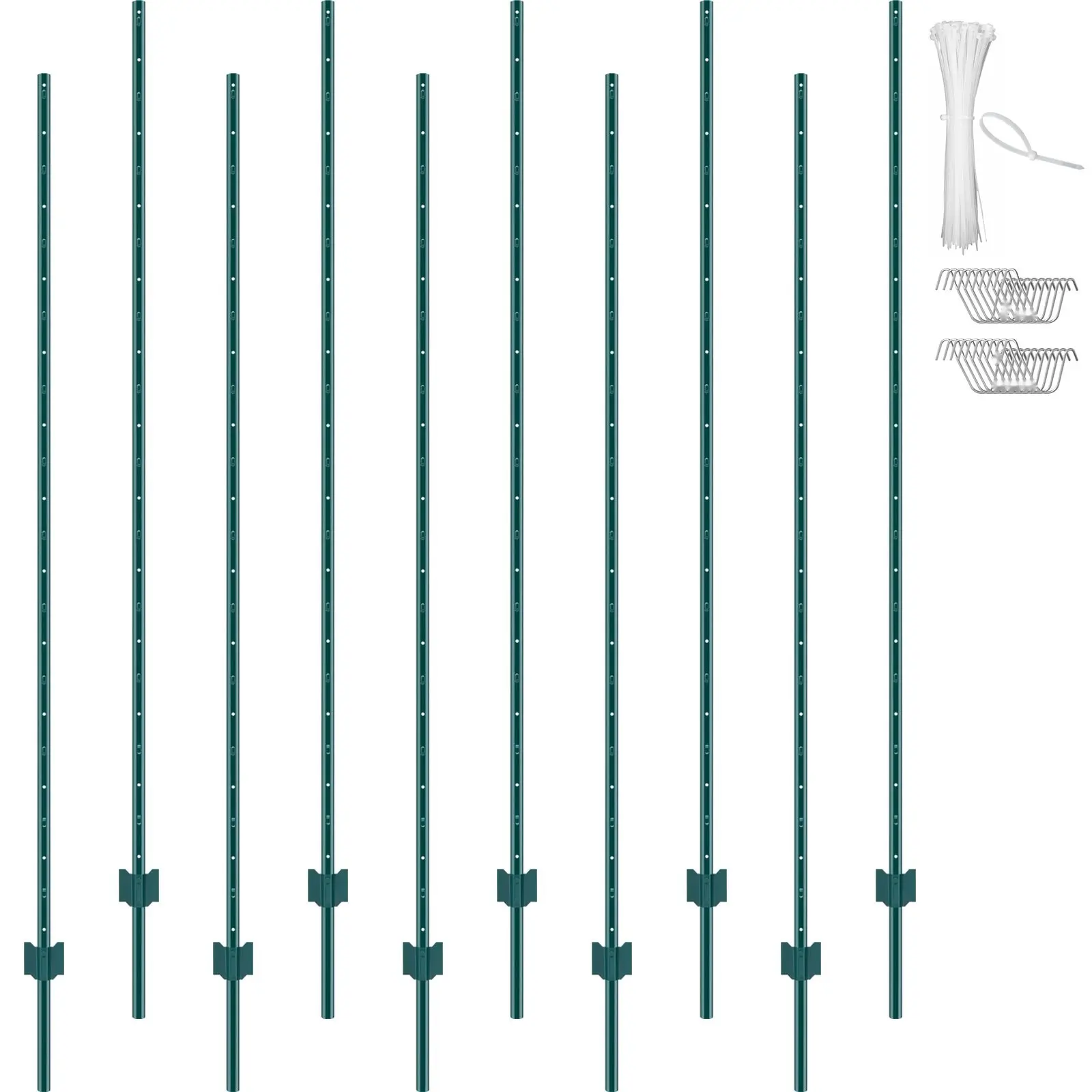 7 Feet Fence Post 10 Pack T-Post Heavy Duty Metal Fence Posts Green Ideal For Outdoor Fencing, Galvanized Steel Construction, Weather Resistant, Durable Fence Line Support, Easy Install, Long-Lasting Yard Fencing
