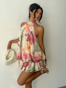 Women's Mini Dress, Chiffon Elegant Ruffled Butter Halter Tie Mini Dress, Summer Party Dress, Beach Vacation Dress, Birthday Dress