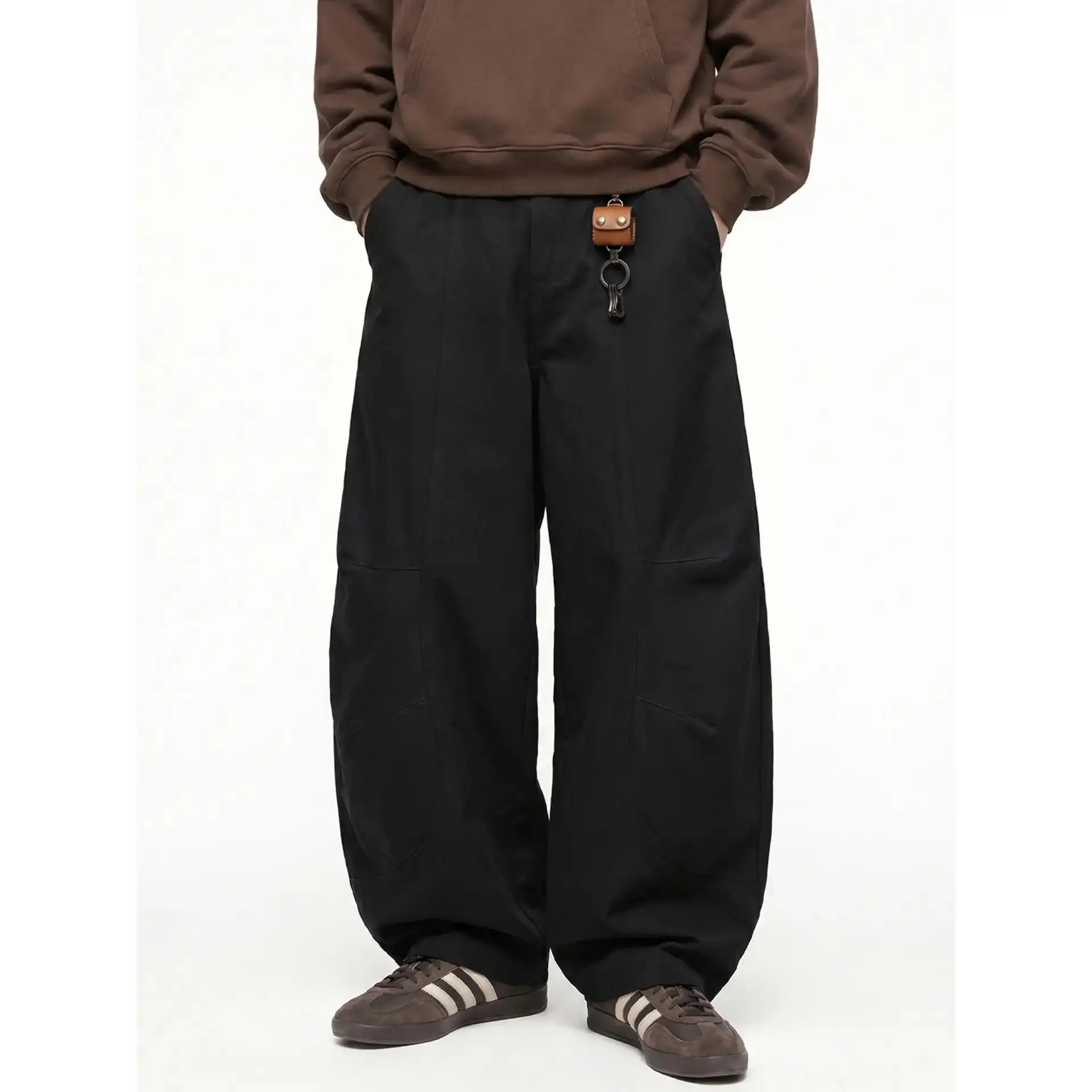 Men's Street Style Cargo Pants with Curved Seams, Loose Wide-Leg Fit in Carbon Brushed Twill with a Half-Elastic Waist, Menswear, Oversized