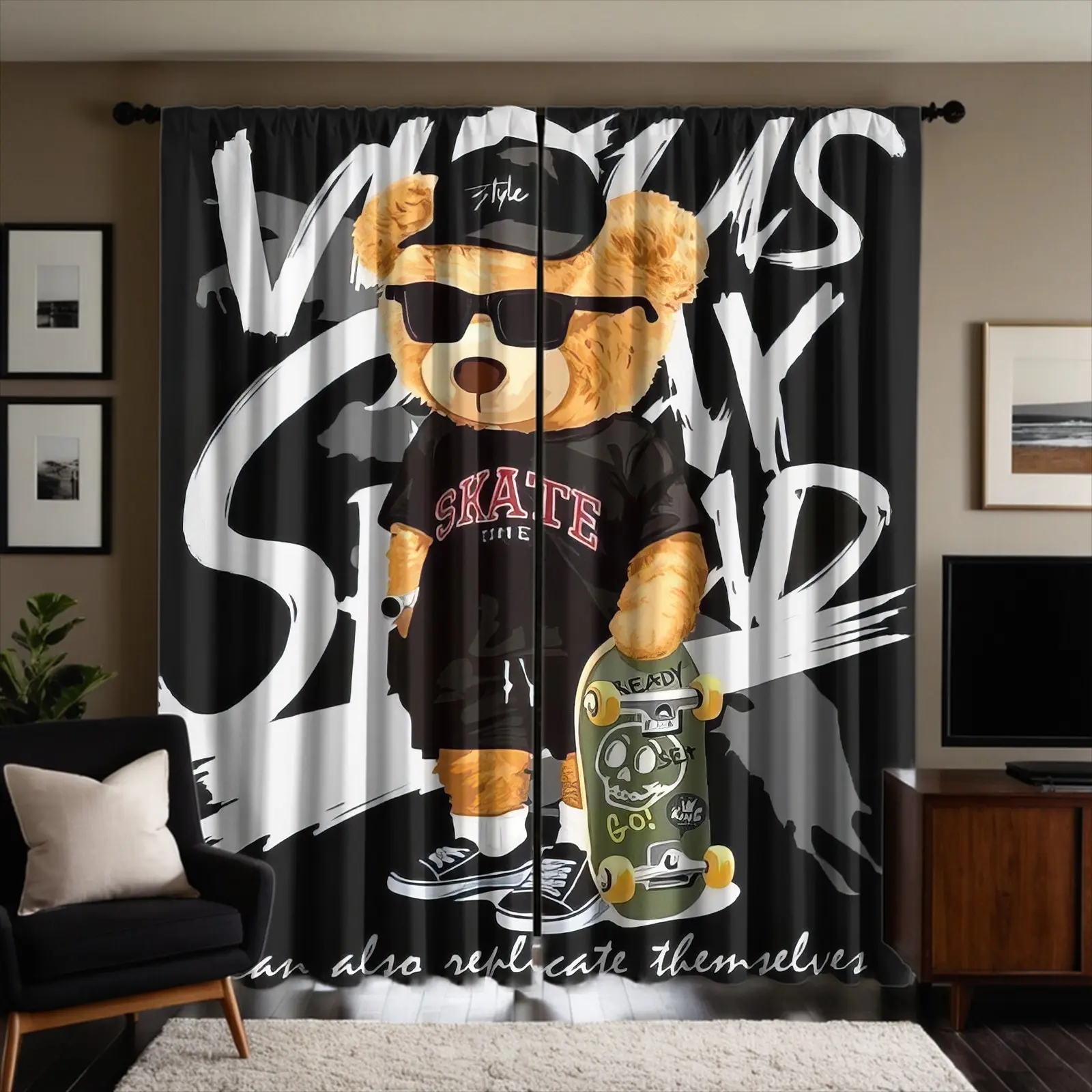 2-Pack Semi-sheer Decorative Curtains, Skateboard Cool Bear Graffiti Print Rod-pocket Style Privacy Curtains, Light Filter Washable Microfiber Drapes, Suitable for Teen Boys Bedroom & Street Style Game Room Decor