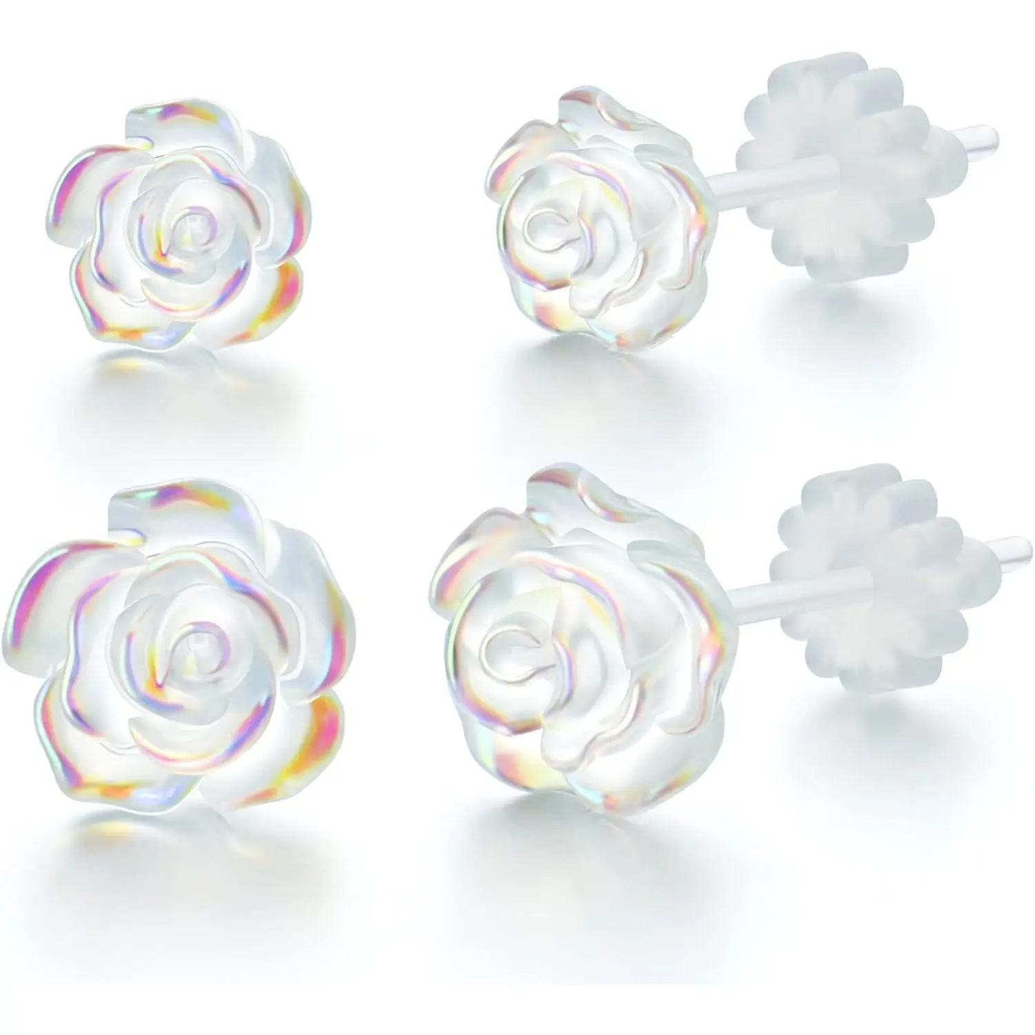 Plastic  Earrings for  Ears,  2 Pairs (6mm & 8mm) Clear  Rose Non-metal Fully Plastic Stud Earrings for Women - , Elegant Comfortable, Chic, Light