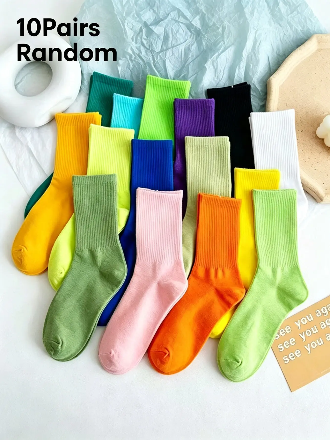 10 Pairs Random Dopamine Bright Solid Color Ribbed Knitting Crew Socks, Vibrant Rainbow Tone Stackable Mid Calf Socks, Elastic Breathable Minimalist Casual Socks for Women Teen Street Campus Daily Outfits Fashion