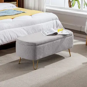 ARCH Storage Ottoman Bench with Gold Legs, Grey Faux Fur Upholstered Padded Footstool, Hidden Storage Compartment, Modern Entryway Bench for Living Room Bedroom End of Bed, 1-Pack, Home Furniture and Household Product Search Terms