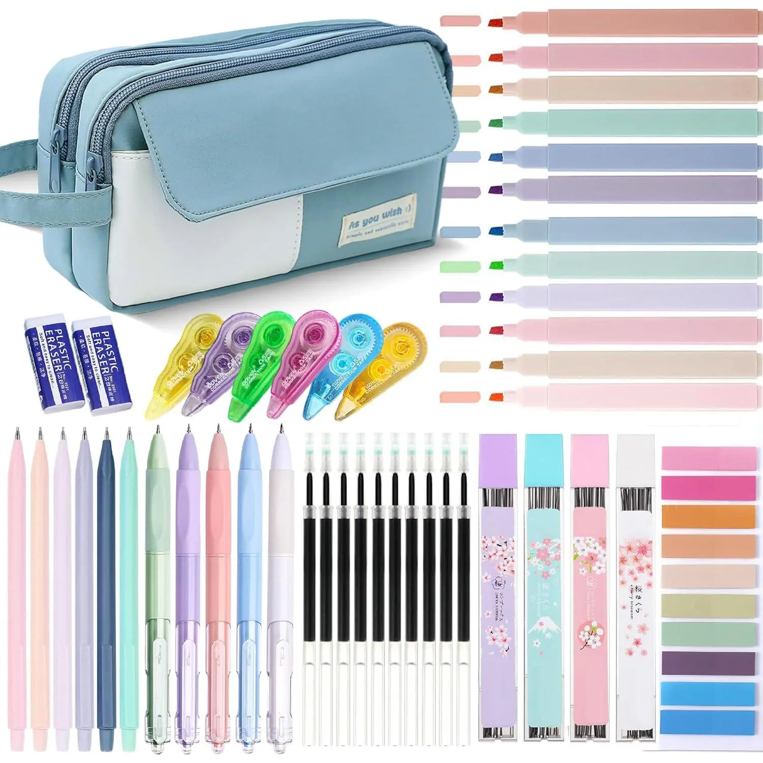 Blue 42-Piece Large Storage Office & School Stationery Set, Big Capacity Pencil Pouch with Synthetic Fabric, 12 Pastel Highlighters, 5 Black Ink Gel Pens, 6 0.5&0.7mm Mechanical Pencils, Sticky Notes, Writing Tools for Students