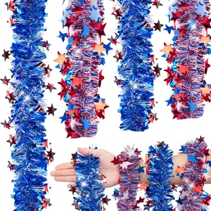 4th of July Garland Decor 2 String-Red White Blue Star Tinsel Garland Total 32.8Ft Glitter Patriotic Decorations for Tree Car Parade Float Bike Party Door Boat Indoor Outdoor Holiday Homefidget toys