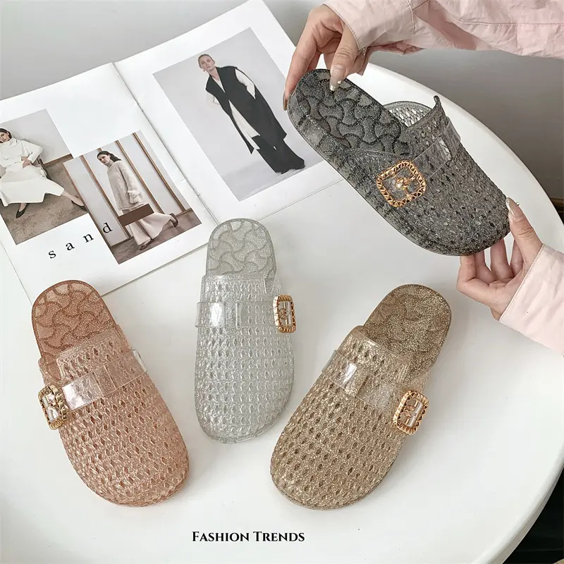 Women's Hollow-Out Glitter Transparent Jelly Mules - Adjustable Buckle, Breathable Non-Slip Open-Back Footwear, Rubber & PU Casual Chic Outdoor Wear Summer Beach Slippers
