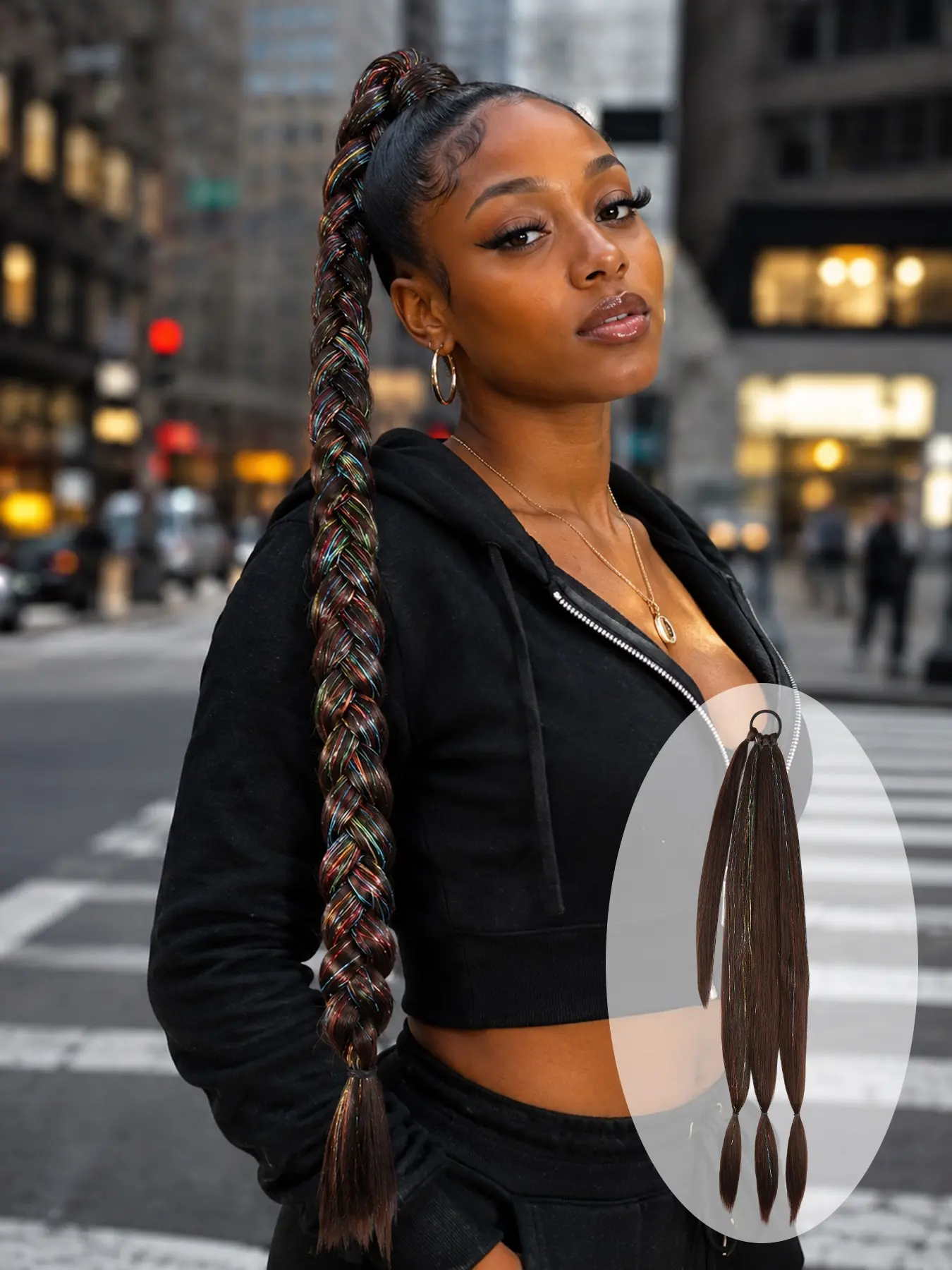 LEhan Synthetic Braided Ponytail Extender, Braided Ponytail Extension, Boxing Braid Hair Tie, 26、30、34 Inches, Colorful Ombre, DIY Daily Wear, Long Straight Wig Accessory