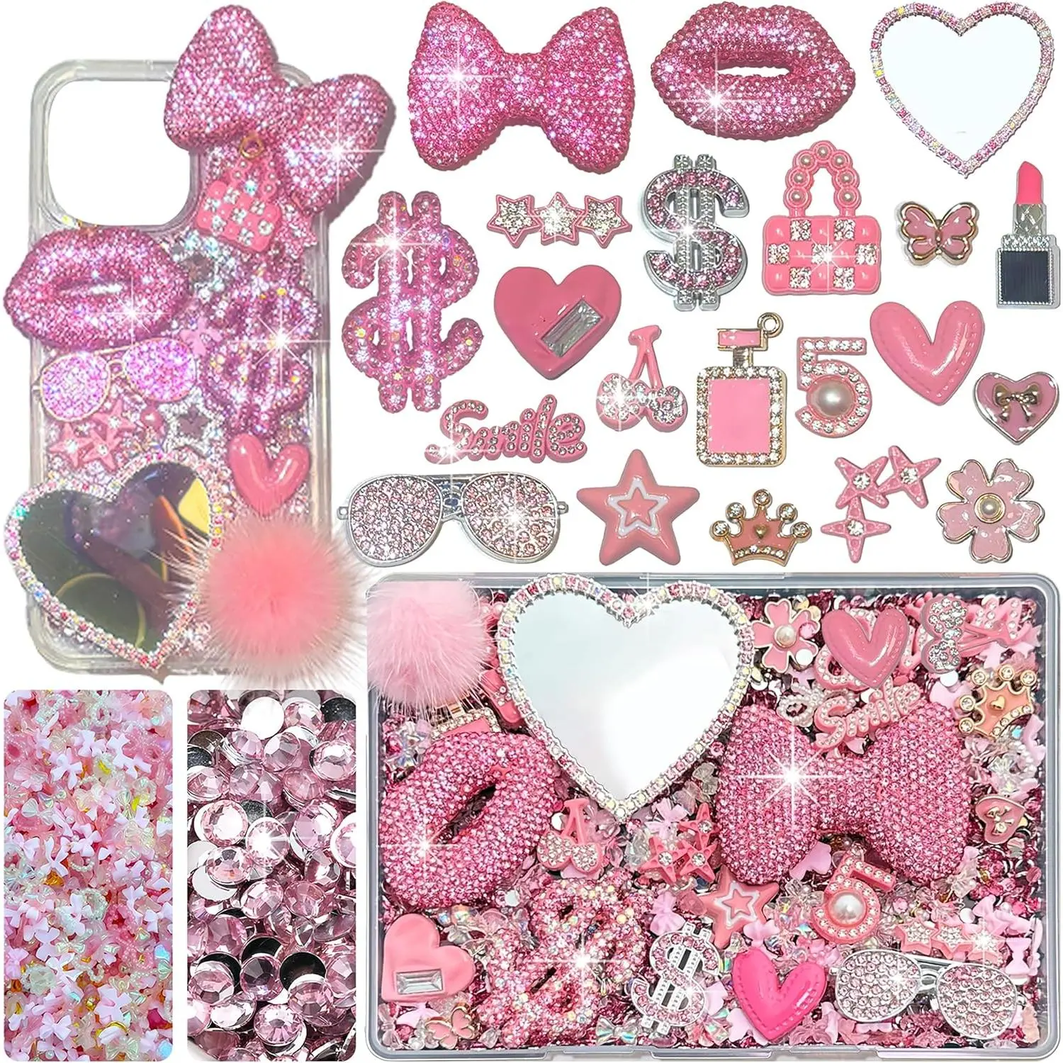 Pink DIY Phone Case Decoration Kit, Bling Rhinestone Resin Charms Set with Bow, Lips, Dollar Sign & Mirror Ornaments for Phone Decor