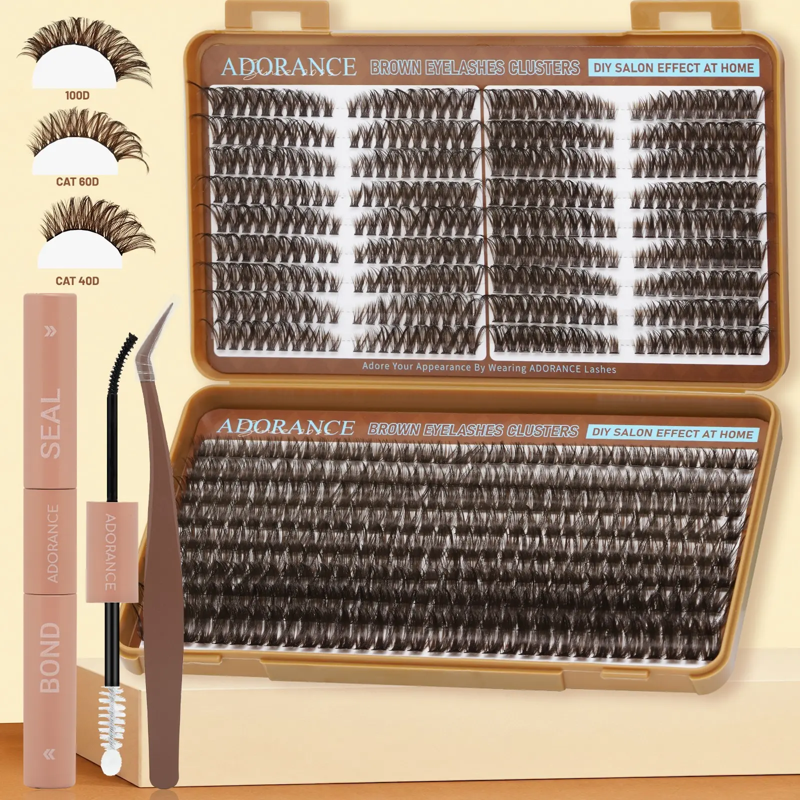 ADORANCE Brown Lash Clusters 648PCS Kit, D Curl Individual Eyelash Extensions 10-18mm Mixed Length, Volume Cluster Lashes with Bond & Seal, Tweezers, DIY Eyelash Extension Kit for Home Salon Makeup