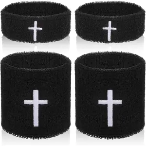 Cross Bicep Bands Wrist Bands 4 Pcs - Christian Arm Sweat Wristbands for Men Women Absorbent Armband for Football Baseball Basketball Sports Activities (Black)