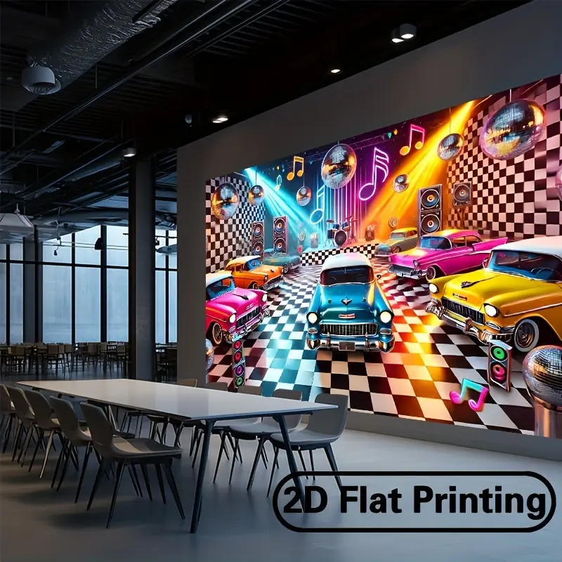 2D flat banner - 1 piece, retro dance hall classic car party polyester fiber wall covering, suitable for decoration in living rooms, bedrooms, offices and outdoors. An ideal choice for holiday party gifts, 8x6 feet.