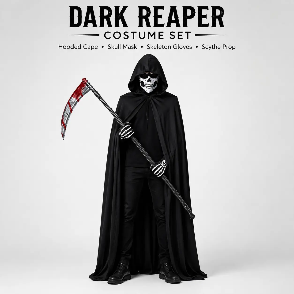 Dark Reaper Costume for Men Halloween, Grim Reaper Costume Set with Hooded Cape Skull Face Mask Skeleton Gloves Scythe Prop, Black Death Costume Outfit for Halloween Party, Cosplay, Haunted House, Stage Performance, Horror Theme Party, Adult Role Play Cos