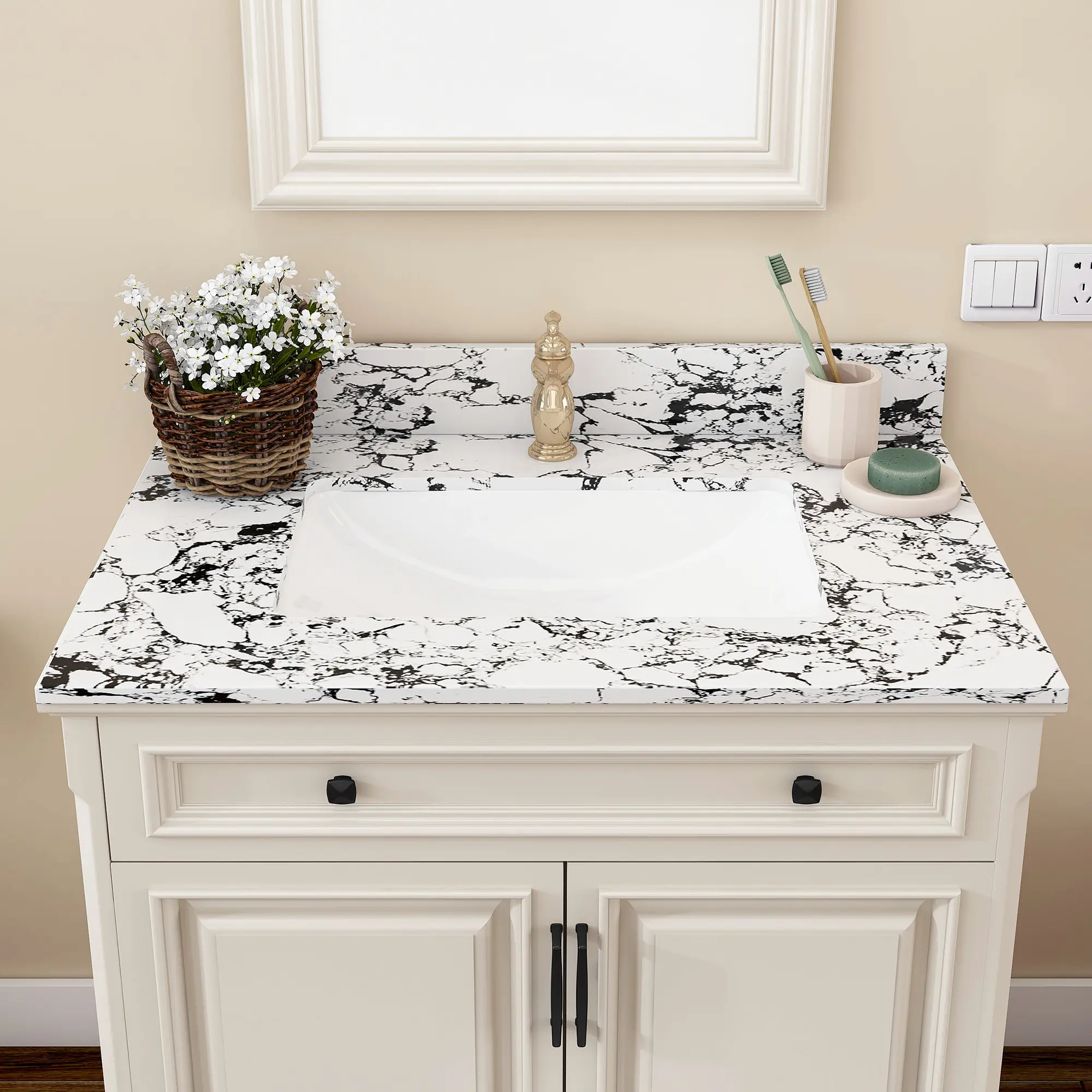 ARCH 31x22 Inch Bathroom Vanity Top with Undermount Ceramic Sink and Backsplash, Artificial Marble Countertop with 1 Pre-Drilled Hole, New Carrara White and Black, for Bathroom Vanity Cabinet, Single Sink Top, Bathroom Furniture for Vanity Area