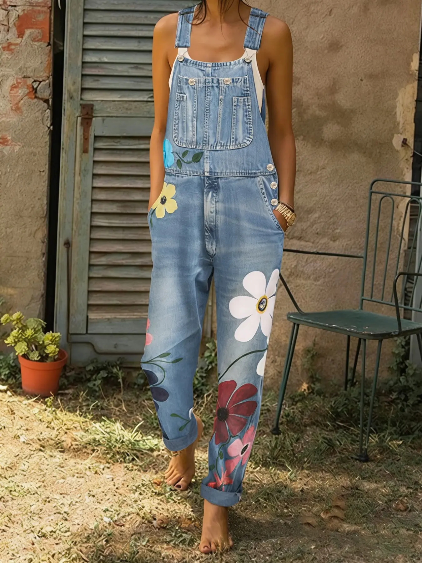 Women's denim overalls jumpsuits in spring, summer and autumn, comfortable and loose Floral design with multiple pockets, trendy street casual style, suitable for women's daily travel