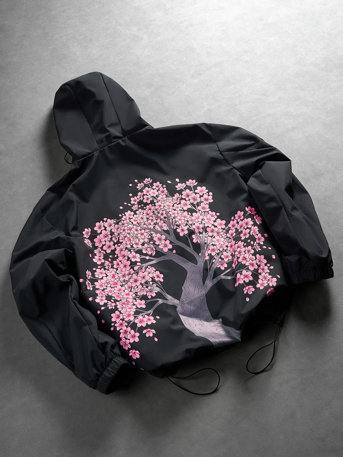 2026 New Arrival Men Japanese Sakura Cherry Blossom Back Print Hooded Windbreaker Jacket Black Minimal Techwear Drawstring Hood Hem Magic Tape Cuff Water Resistant Short Loose Coat Y2K Streetwear Outerwear Daily City Camping Spring Fall Casual Outfit