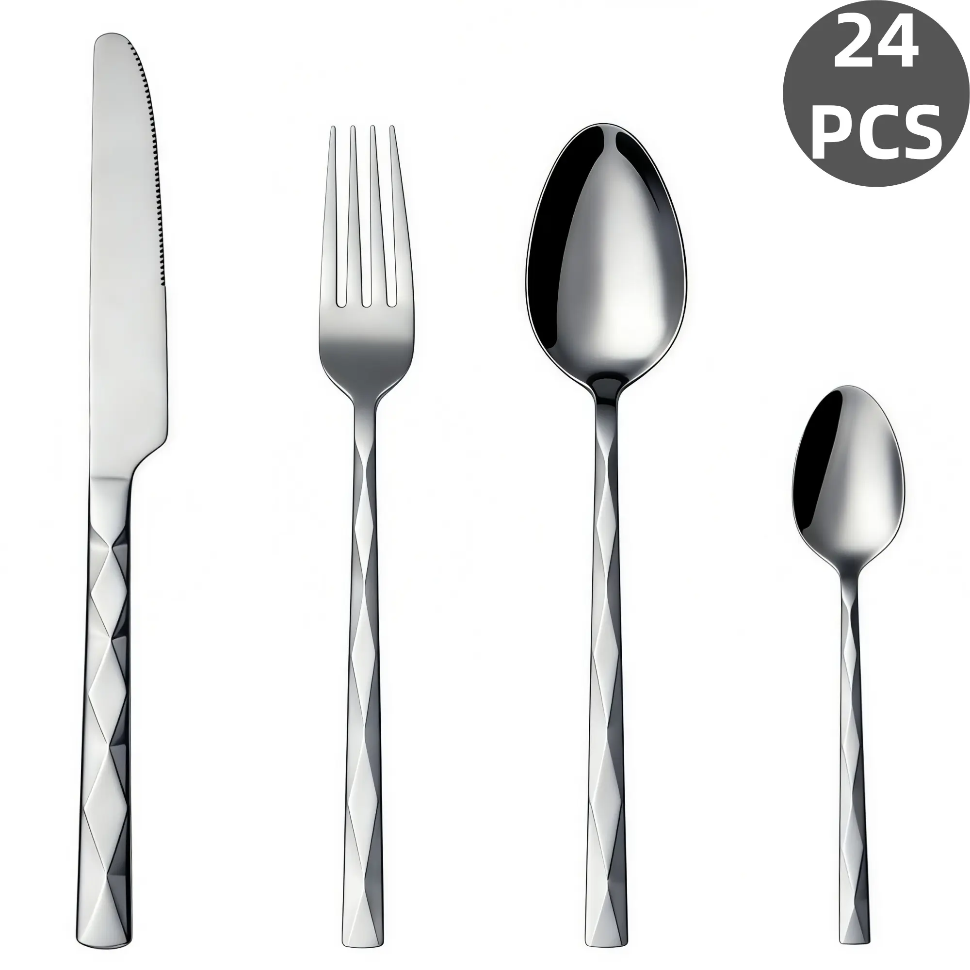 24Pcs Diamond Rhombus Twisted Handle Stainless Steel Cutlery Set, Mirror Polished Silverware Flatware, Rustproof Dishwasher Safe, Ideal for Home Kitchen, Family Gathering, Restaurant & Holiday Gifts, Tableware Cutlery Set