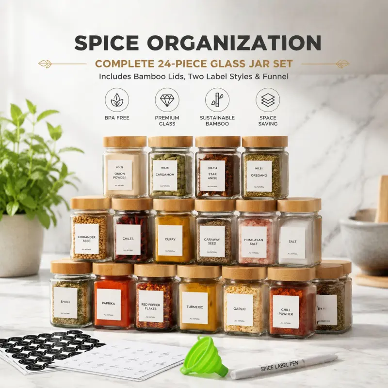 24-Piece Square Glass Spice Jars With Natural Bamboo Lids, BPA-Free Seasoning Containers With Labels, Funnel And Label Pen, Space Saving Kitchen Organizer Home Kitchenware For Spices, Herbs And Dry Food Storage