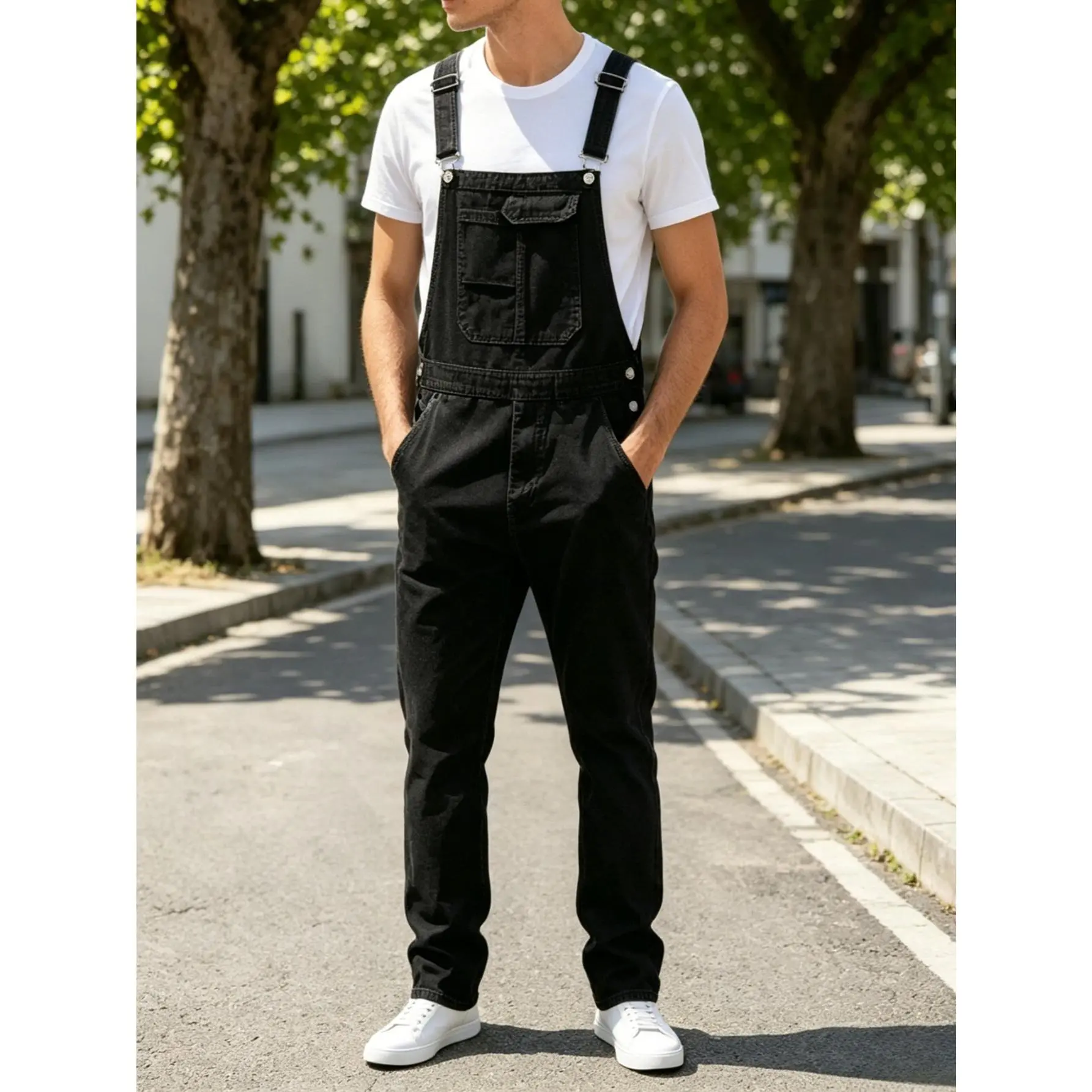 Men's Plain Black Denim Overalls, All-Season Loose Straight Cut Workwear Jumpsuit with Multiple Pockets, Menswear, Denim Fabric, Long Overalls, Multi Pockets, Casual, Clothes, Full Length, Plain Look, Workwear Suit