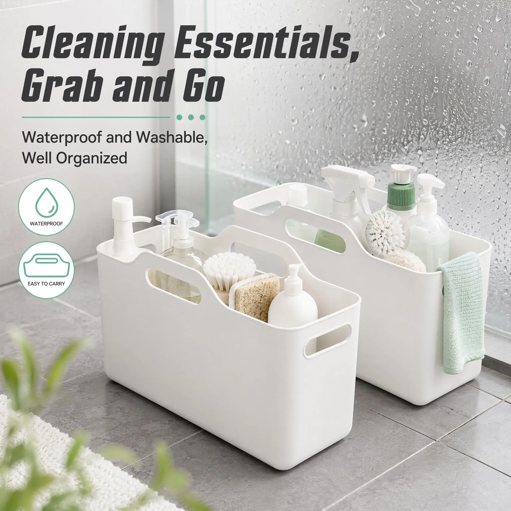 2 Pack Bathroom Shower & Cleaning Storage Basket, Slant Design Plastic Organizer Box with Grip Handles