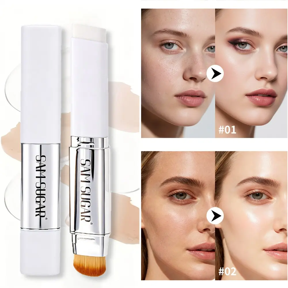 Sam Sugar Color Changing Skin Perfecting Foundation Stick with Brush Head, Long Lasting Coverage, Oil Control, Hydrating & Moisturizing, Natural Nude Makeup Cream