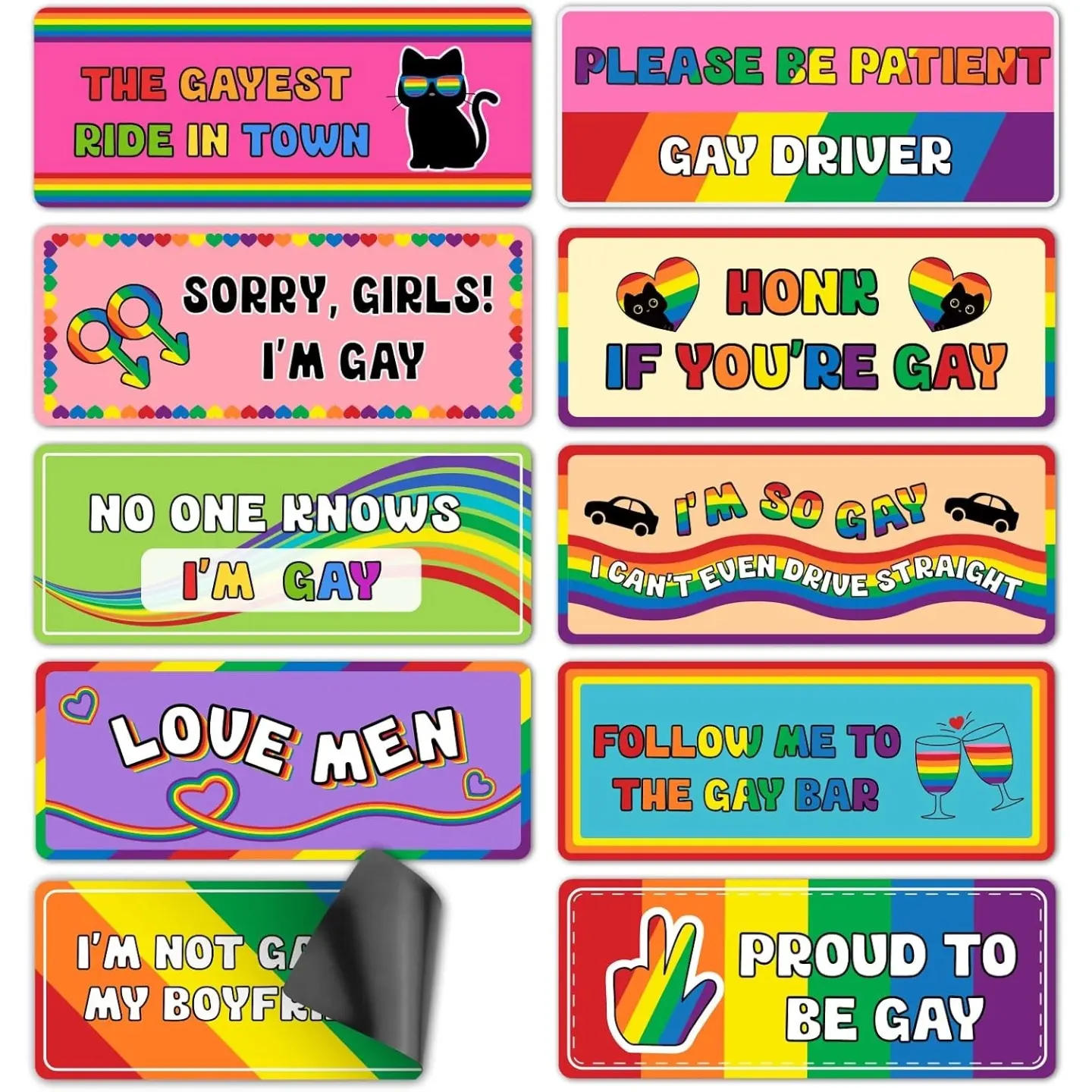 10Pcs Reusable Removable Gay Pride Funny Car Magnets, Rainbow Designs I'M Gay, Gay Driver Magnetic Bumper Stickers, Gay Bumper Magnets Prank Decals for Vehicle, Truck, Fridge, Pride Gift